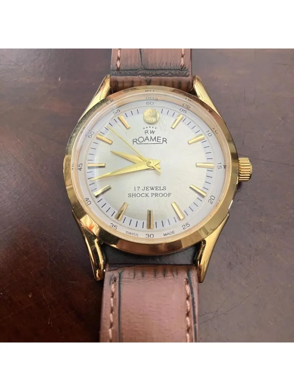 Vintage Mens Roamer Mechanical Leather Watch Slvr Brw‎ Gld cc